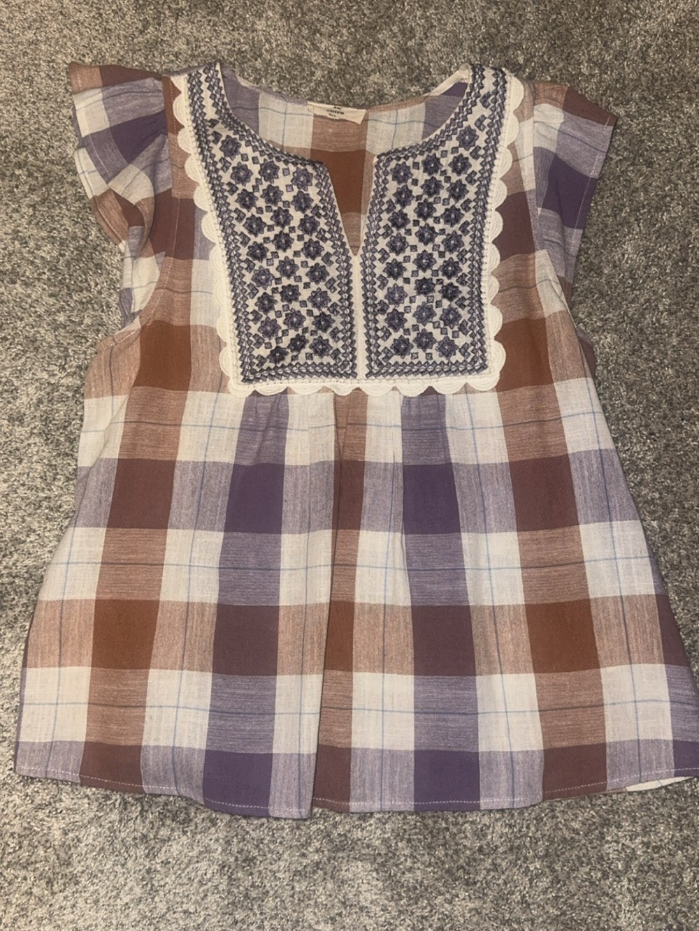 entro Plaid Embroidered Yoke Flutter Sleeve Top - Purple, Brown, White